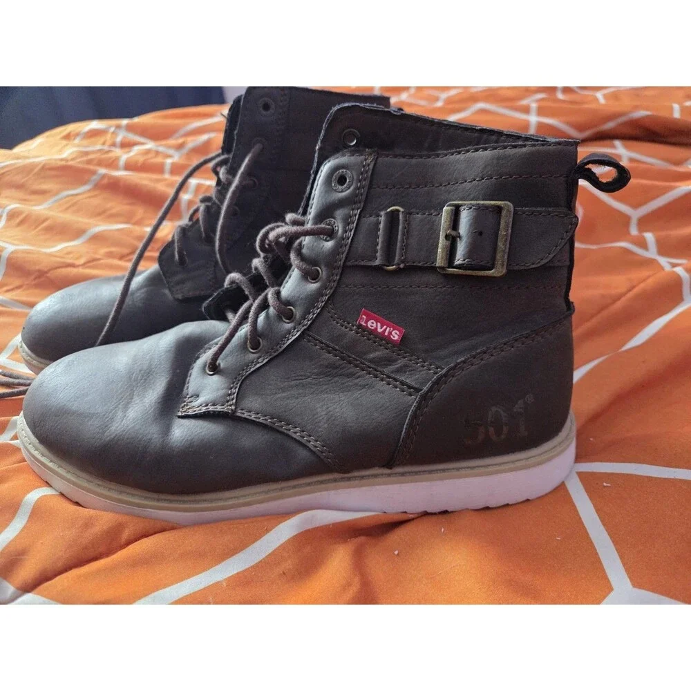 Levi's 501 Brown Leather Ankle Boots Buckle Lace-Up Round Toe Motorcycle Boys 6y